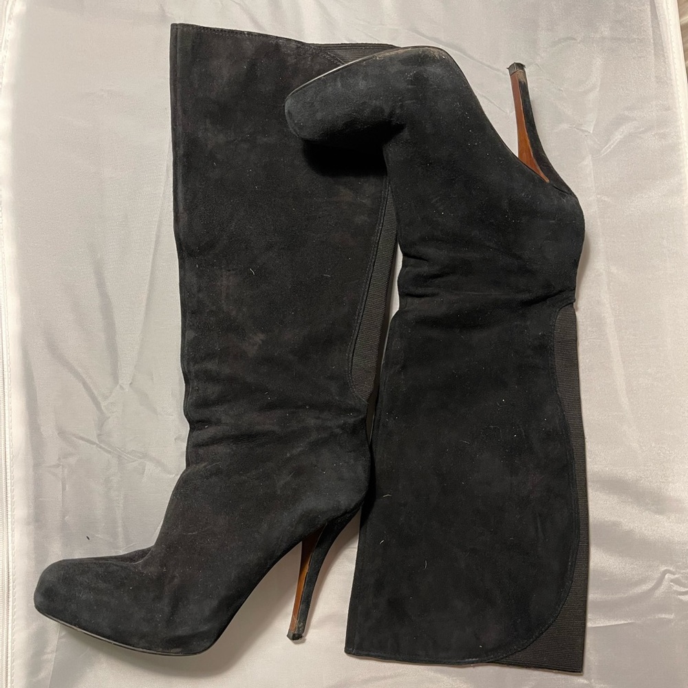 Enzo Angiolini Yabbo Black Suede Tall Knee High Heeled Boots w/ Elastic Black 6